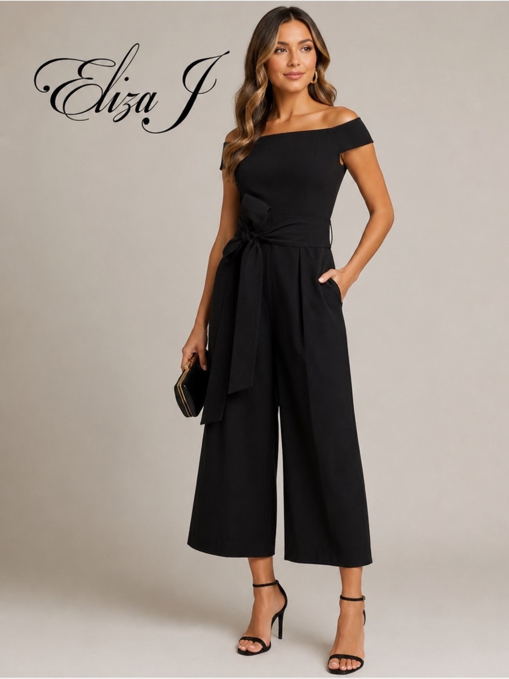 Eliza J Black Off-the-Shoulder Wide Leg Jumpsuit Pockets NWOT